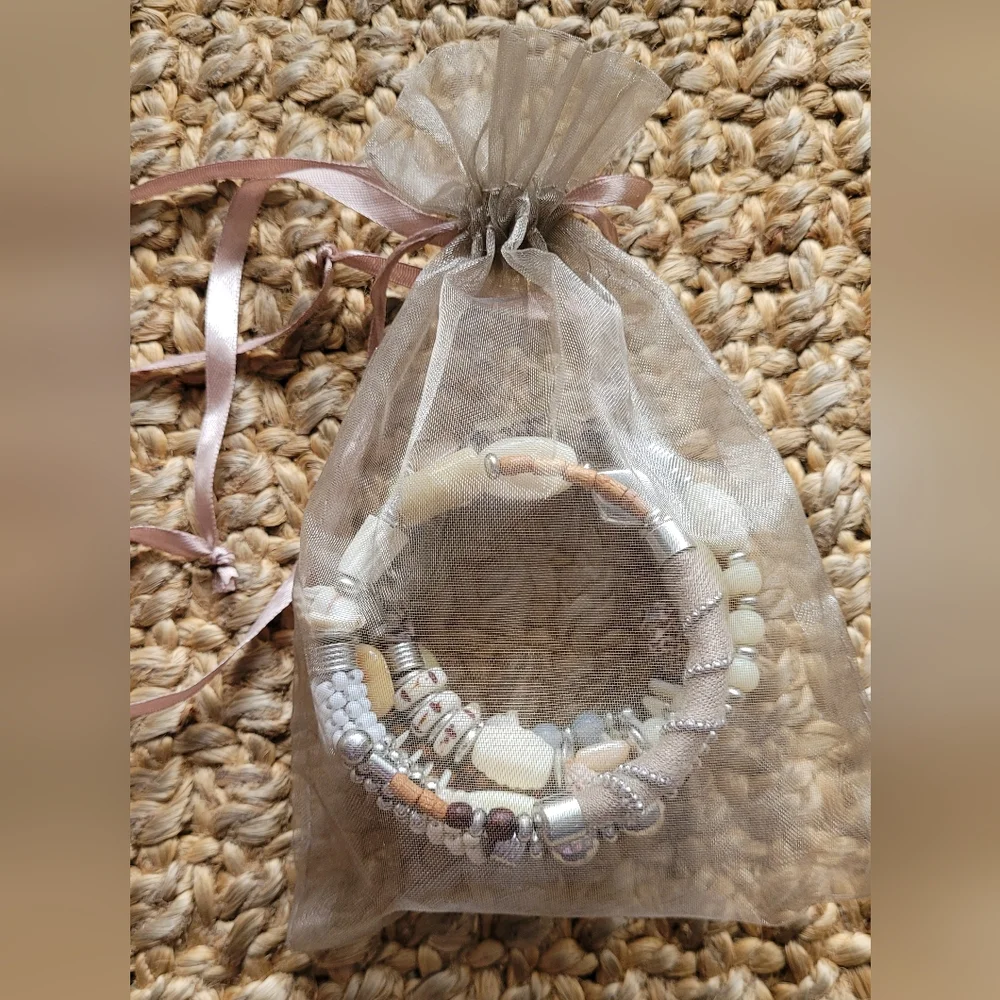 6 Strand Earthy Wraparound Bracelet, Stone, Shell & Wood. Cream, Silver, Brown.